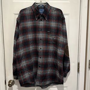 Facconable Wool Plaid Long Sleeve Shirt with Goatskin Elbow Patches